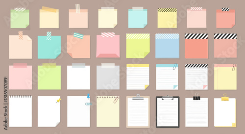 Vibrant vector collection of minimalist sticky notes, memo pads, and blank paper sheets in diverse colors and patterns for digital organization, planning, and graphic design projects