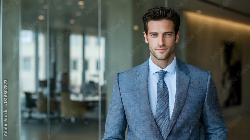 Fototapeta premium Confident young businessman in blue suit standing in modern office corridor, representing corporate success and professional leadership.