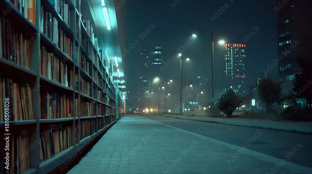 Fototapeta premium Quiet urban library with bookshelves alongside empty street at night, illuminated by city lights and skyscrapers in foggy atmosphere.