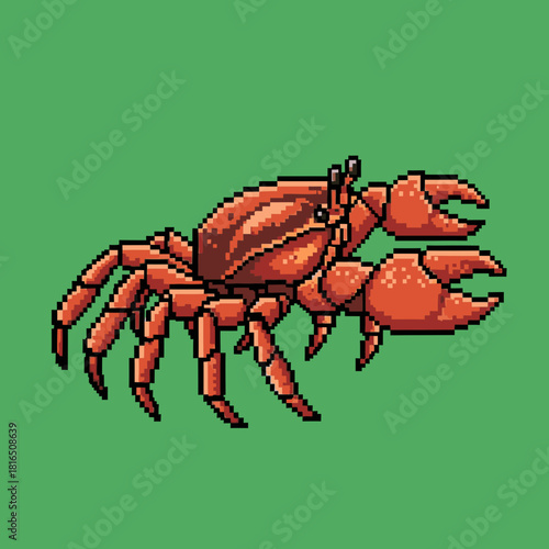 Detailed pixel art illustration of a red crab with large claws on a solid green background.