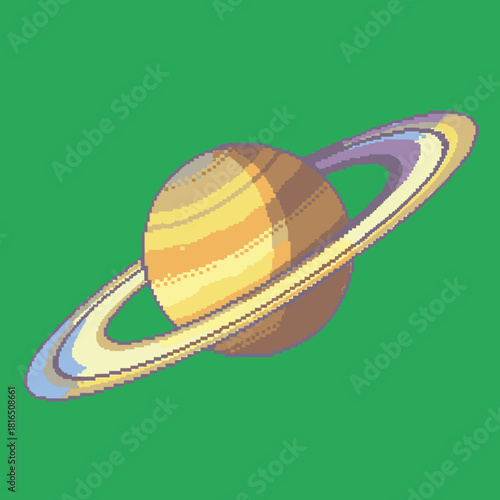 A pixel art illustration of the planet Saturn with its distinctive rings, rendered in warm yellow and brown tones against a vibrant green background.