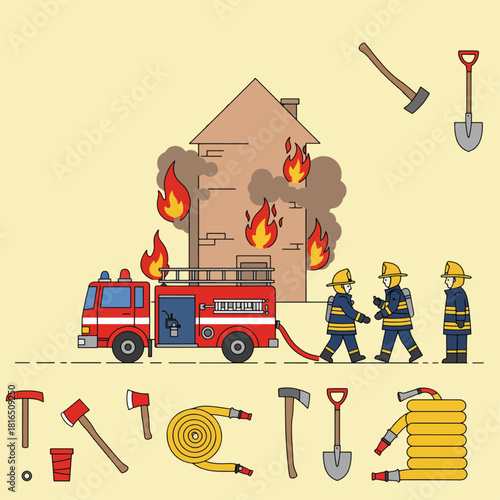 Firefighters extinguishing a house fire with a fire truck and various tools, illustrating emergency response and public safety.