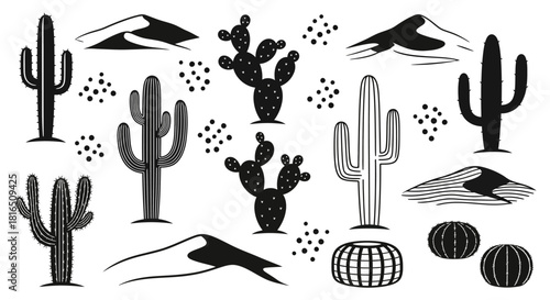 A collection of hand drawn cactus and desert dune illustrations.