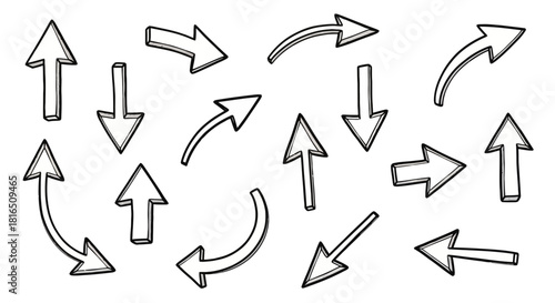 A collection of hand drawn sketch style arrows pointing in various directions.