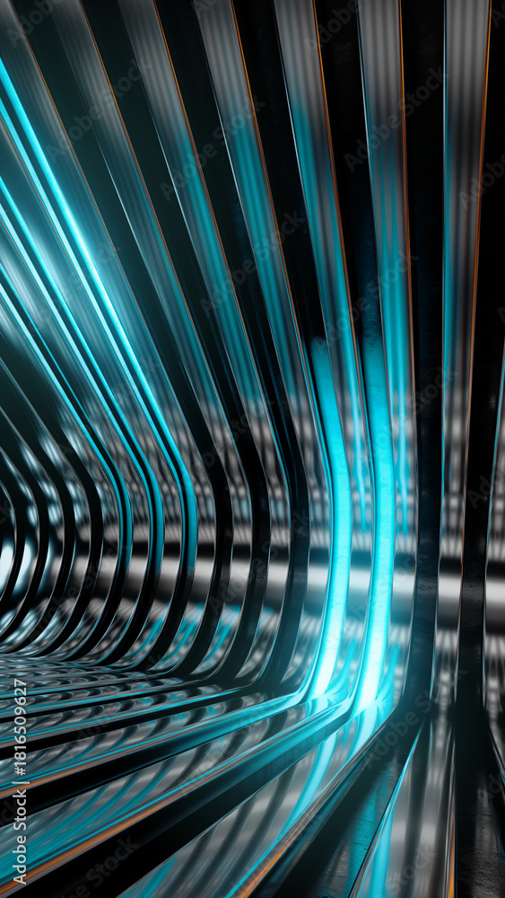 Fototapeta premium Repeated pattern with cold light futuristic aesthetics vertical animation. Evenly spaced curved high-gloss metal ribs with cyan streeam of light illustration