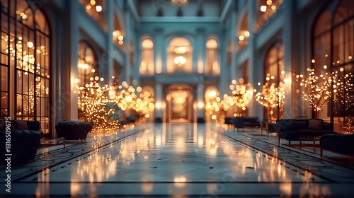 Wallpaper Mural Elegant luxury hotel lobby with marble floor reflecting warm fairy lights, creating magical ambiance in historic building interior. Torontodigital.ca