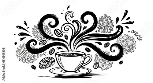 A steaming cup of coffee with artistic swirls and beans.
