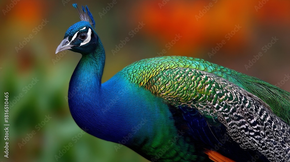 Fototapeta premium Indian peafowl showing its wonderful iridescent blue and green plumage