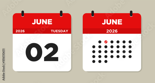 June 2 2026 (Tuesday) Calendar Vector Illustration. Day calendar page with date June 02. Week Starts on Sunday. Modern Flat Calendar template icon. Checklist day calendar.
