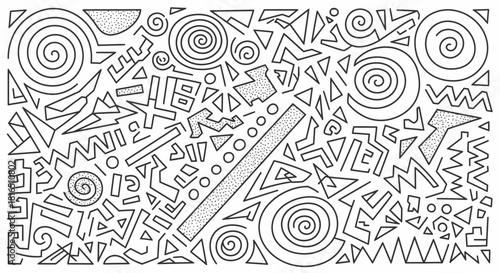 Abstract Geometric Pattern with Spirals, Triangles, and Lines.