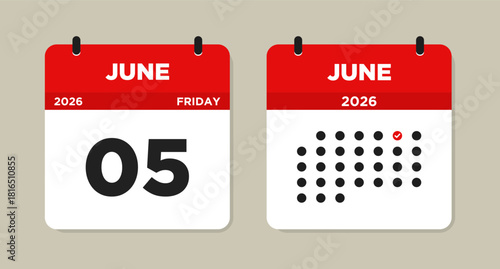 June 5 2026 (Friday) Calendar Vector Illustration. Day calendar page with date June 05. Week Starts on Sunday. Checklist day calendar. Modern Flat Calendar template icon.
