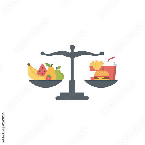 Scale health food vs junk food. Balanced scale showing fruits vs fast food, nutrition, diet and wellness concept vector. Perfect for infographics. 