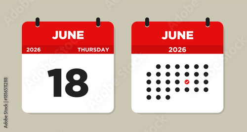 June 18 2026 (Thursday) Calendar Vector Illustration. Day calendar page with date June 18. Week Starts on Sunday. Modern Flat Calendar template icon. Checklist day calendar.