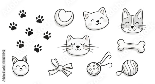 Adorable hand drawn cat and dog faces with paw prints and toys.