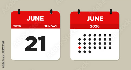 June 21 2026 (Sunday) Calendar Vector Illustration. Day calendar page with date June 21. Week Starts on Sunday. Checklist day calendar. Modern Flat Calendar template icon.