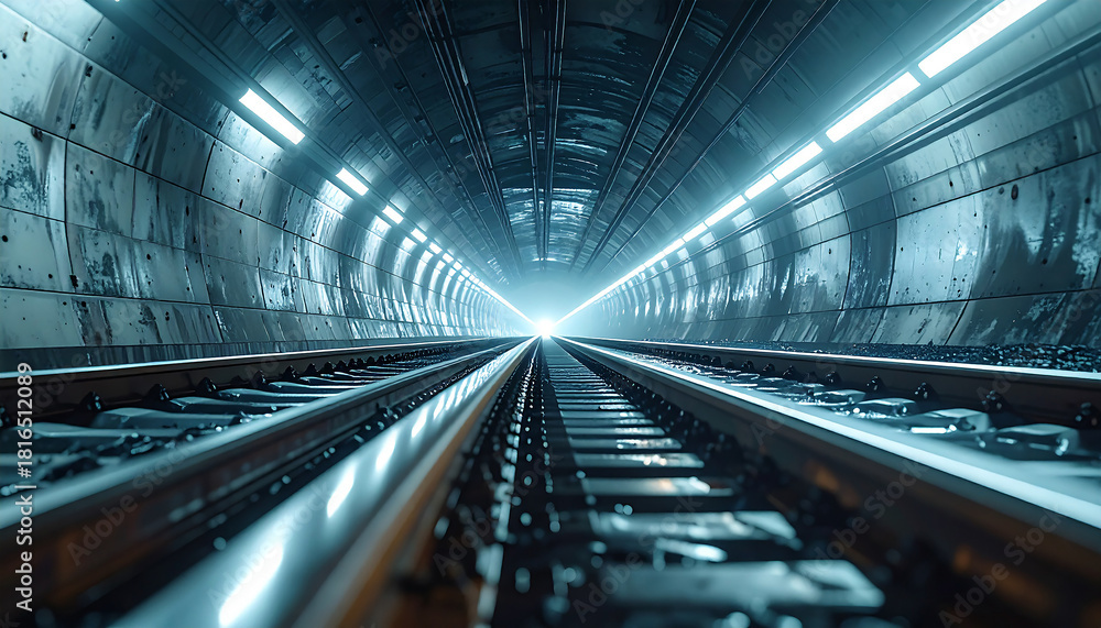 Fototapeta premium Subway Tunnel Perspective: Capturing the geometry and architectural intrigue of a subway tunnel, the image leads the eye along converging lines toward a distant light.