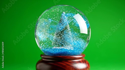Snow Globe with Christmas Tree on Green Background.