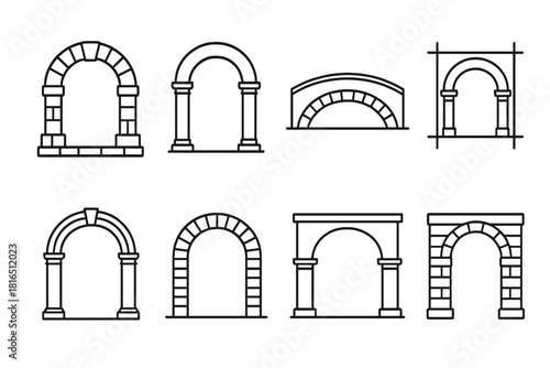 Architectural Arch Icons. Architectural Structural Arches linear icon set: stone archway, keystone, pillar base, curved bridge, brick pattern, arch blueprint, decorative molding