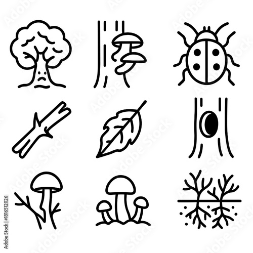 Forest Health Icons. Forest health concept linear icon set: sick tree, mushroom on trunk, parasite beetle, hollow stem, broken branch, dry leaf, fungus growth, soil infection , eco