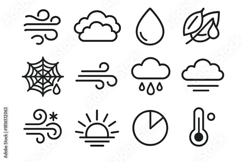 Nature Weather Icons. Nature and Weather Elements linear icon set: fog swirl, cloud layer, dew droplet, wet leaf, spider web with dew, wind ripple, soft rain, gray sky, chilled air