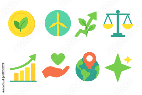 Sustainable Investing Icons. Sustainable Investing flat icon set: green leaf coin, renewable energy icon, eco growth arrow, balanced scale, impact chart, ethical hand, earth marker