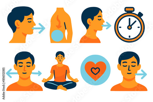 Mindful Breathing Icons. Mindful Breathing Practice flat icons set. slow breath, diaphragm movement, inhale arrow, exhale arrow, meditation timer, oxygen flow, peaceful heart