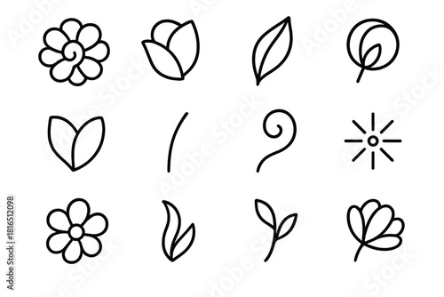 Floral Icon Set. Floral Aesthetic Set linear icon set: abstract bloom, petal fold, botanical leaf, bud ring, petal arc, stem trace, gentle swirl, pollen burst, airy blossom
