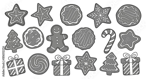 Assortment of festive gingerbread cookies and Christmas themed treats.