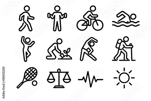 Active Lifestyle Icons. Active Lifestyle for Longevity linear icon set. morning walk, light weights, bike ride, swimming stroke, dance move, garden work, stretching pose, hiking