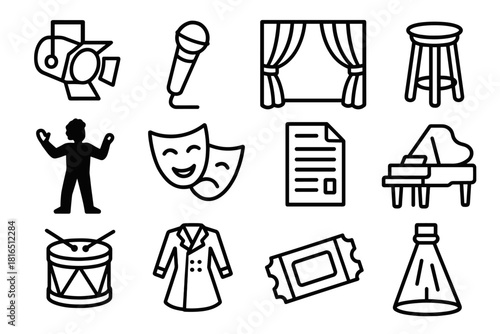 Stage Icon Set. Stage essentials linear icon set. spotlight, microphone, stage curtain, stool, performer silhouette, theater mask, script, piano, drum, costume, ticket, light beam