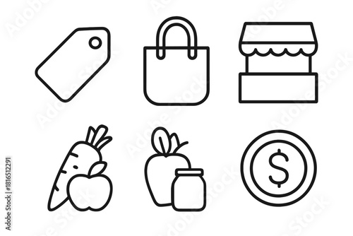 Conscious Shopping Icons. Conscious Shopping linear icon set: price tag, cloth bag, local market, produce, jar, coin