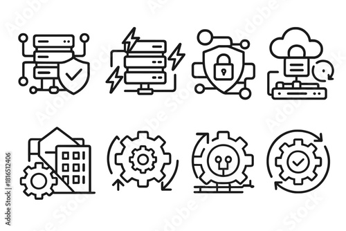 Digital Resilience Icons. Resilient digital operations themes linear icon set: robust infrastructure, fault tolerance, proactive defense, continuous availability, disaster