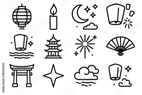 Lantern Festival Imagery. Lantern Festival linear icon set. paper lantern, candle flame, night sky, moon, floating lanterns, river reflection, pagoda, fireworks, fan, festival gate