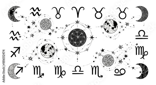 Astrology Zodiac Symbols Celestial Bodies and Stars.