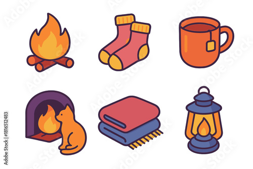 Cozy Evening Icons. Evening Glow flat icons set. soft firelight, wool socks, mug of tea, cat by fire, blanket, lantern