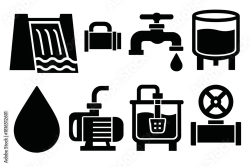 Bold Water Icons. Water Infrastructure silhouette icon set: dam, pipeline, faucet, reservoir, water drop, pump, treatment tank, control valve