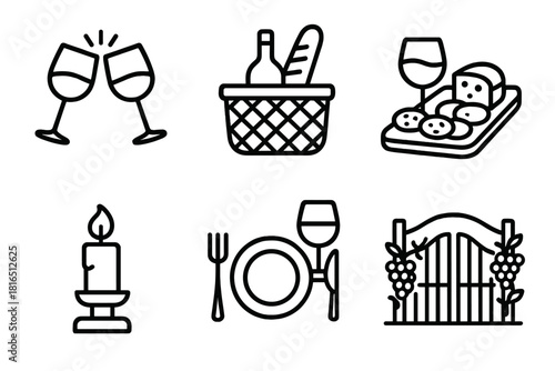 Wine Culture Icons. Wine Culture Set linear icon set: clinking glasses, picnic basket, charcuterie board, candle, table setting, vineyard gate