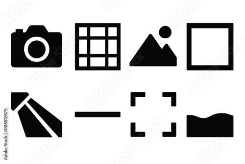 Brutalist Photography Icons. Photo Composition silhouette icon set. camera, rule of thirds grid, mountain, frame, light beam, line, focus, horizon.