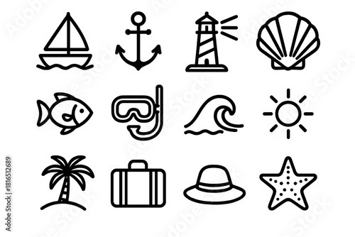 Coastal Icon Collection. Coastal Adventure linear icon set. sailboat, anchor, lighthouse, shell, fish, snorkel, wave, sun, palm, suitcase, hat, starfish