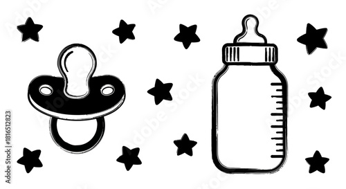 Baby pacifier and feeding bottle with stars illustration.
