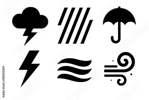 Storm Shelter Icons. Storm & Shelter Set silhouette icon set: storm cloud, heavy rain lines, umbrella shelter, lightning bolt, wet ground, gusty swirl