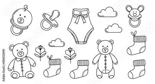 Baby Shower Elements - Hand-Drawn Collection of Toys and Clothing.