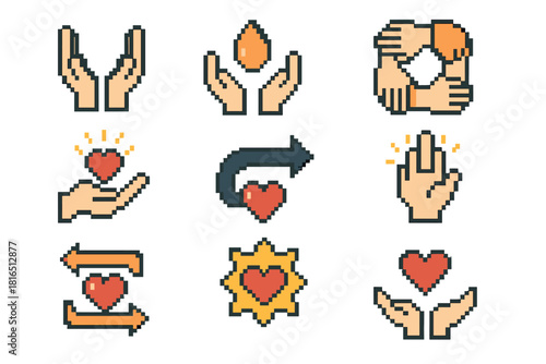 Pixel Art Generosity Icons. Compassionate Generosity Elements pixel style icon set: care hands icon, offering drop, supportive circle, gratitude ray, kind action tile, giving route