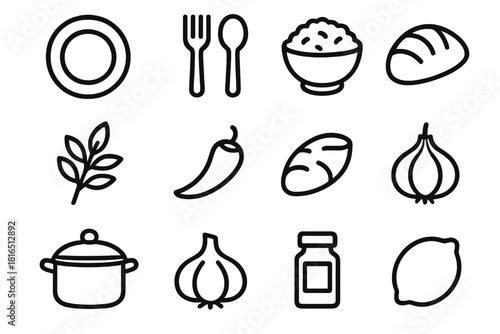 Culinary Icon Grid. Authentic Meals linear icon set. plate, fork, spoon, rice bowl, herbs, chili, bread, pot, garlic, spice jar, onion, lemon