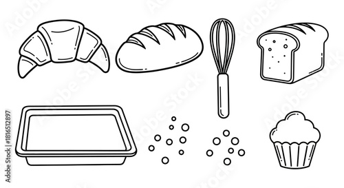 Bakery items illustration featuring croissant bread whisk muffin and baking pan.