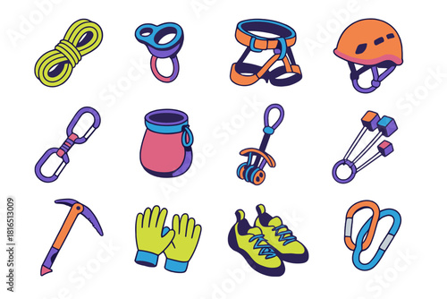 Climbing Gear Icons. Climbing gear flat icon set: rope, belay device, harness, helmet, quickdraw, chalk bag, cams, nuts, carabiners, ice axe, gloves, shoes
