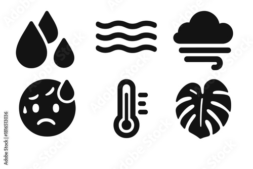 Humidity Weather Icons. High Humidity silhouette icon set. water droplets, misty air, fog cloud, sweating face, thermometer, tropical leaf.