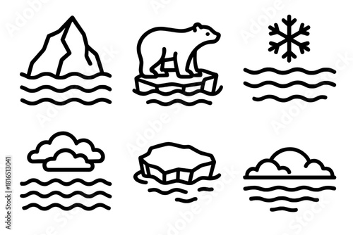 Arctic Icons Display. Arctic Ocean linear icon set. iceberg, polar bear, cold water, mist, floating ice, blue horizon.