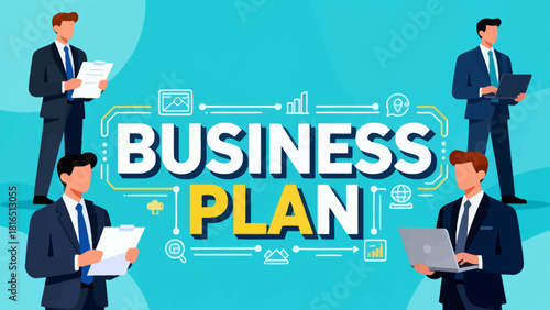 This illustration depicts various business professionals and elements surrounding “Business Plan”，highlighting the key components of strategic planning and corporate collaboration.