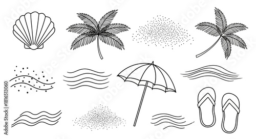 Beach Day Essentials - Shell, Palms, Sand, Umbrella, Waves, and Flip-Flops.